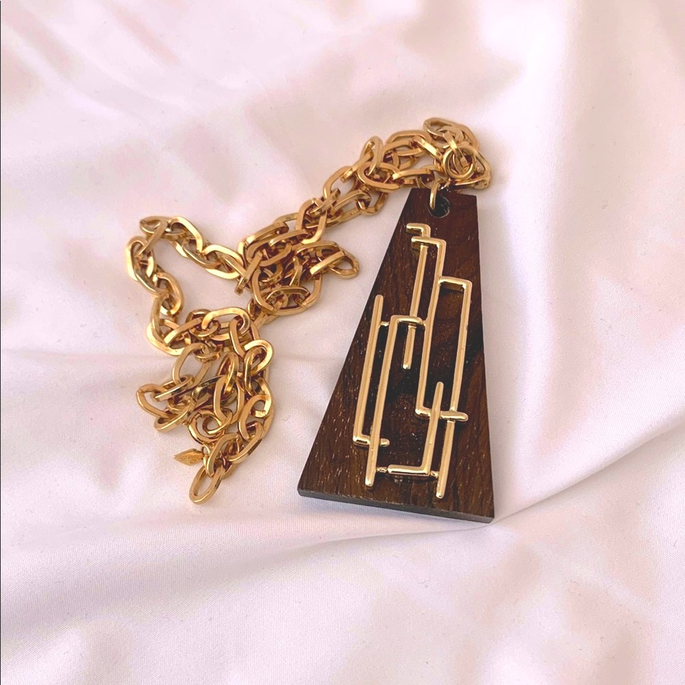 Vintage Women's Gold & Brown Wood Geometric 23" Costume Chain Necklace